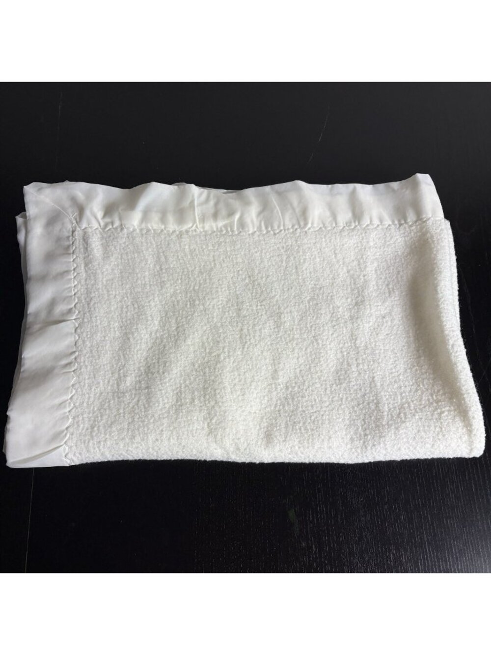 Vintage White Acrylic Fleece Baby Blanket with Nylon Trim/Binding FLAWED READ